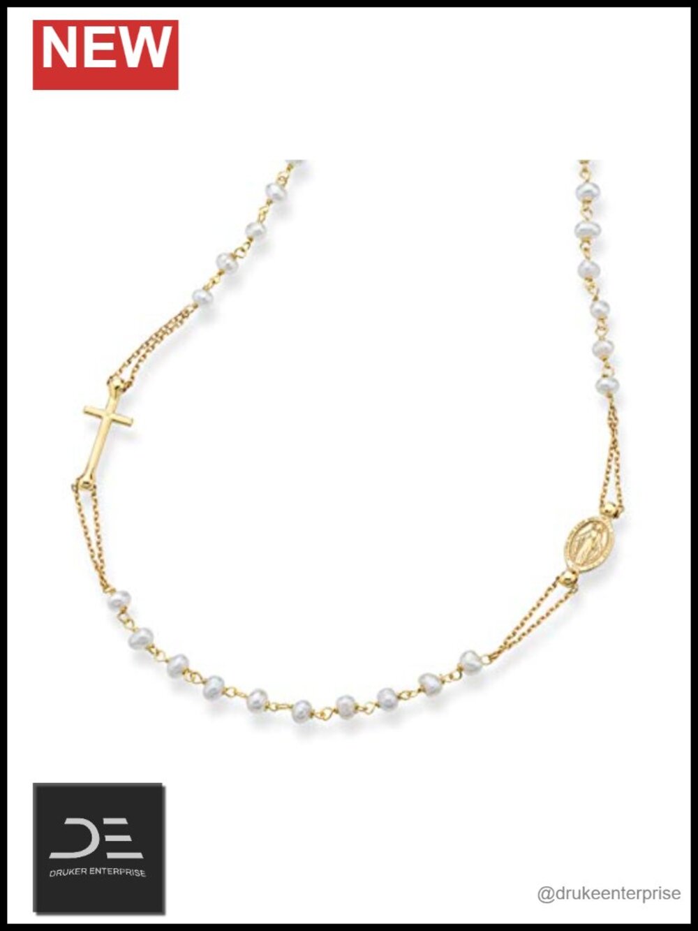 18K Gold Plated 925 Sterling Silver Pearl Rosary Cross Necklace